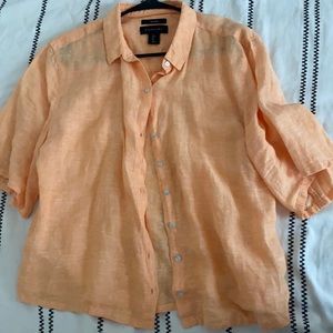 Tahari 100% linen button down neon orange shirt